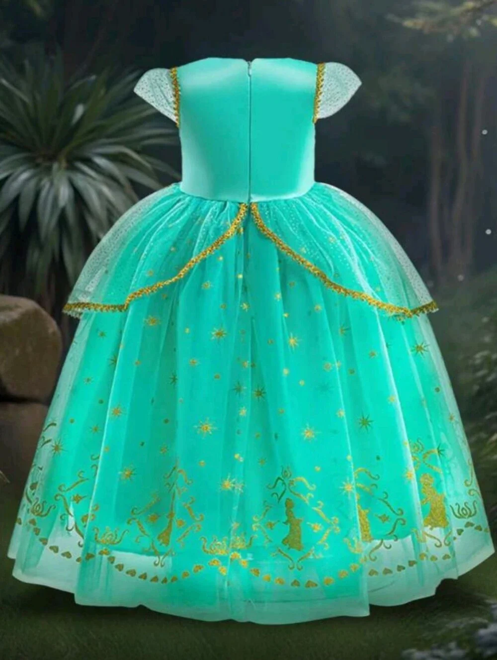 Girls' Teal Princess Tulle Dress with Gold Accents